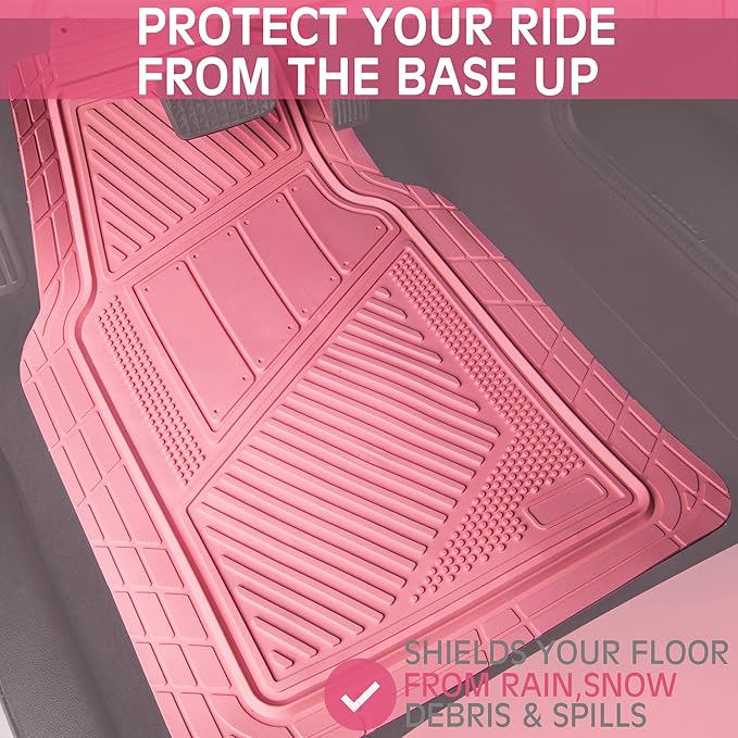CAR PASS Heavy Duty Rubber Floor Mats Pink Car Mats Full Set with Trunk Cargo Liner - Universal Waterproof Floor Mats for Car SUV Truck, Durable All Weather Liner Mats Automotive Women (All Pink)