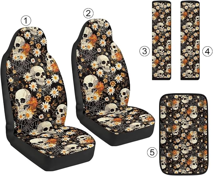 Qeluxign 5-Piece Car Accessories Set Skull Daisy Spider Web Universal Fit PU Leather Seat Covers Seatbelt Pads and Armrest Cover for Cars, Trucks, SUVs