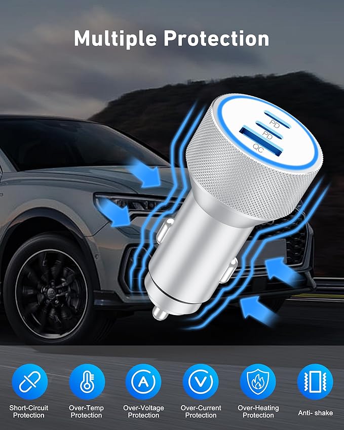 for iPhone 17/16/15 Pro Max Car Charger, 67W 3-Port Fast USB C Car Charger Power Cigarette Lighter Adapter with 3FT USB C to C Cable for iPhone 17/17 Pro/Air/17e/16/15 Pro Max/Plus/16e, iPad