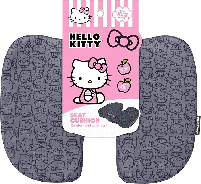 Carbella Officially Licensed Hello Kitty Seat Cushion - Cute Charcoal Gray Office Chair Cushion for Car, Home, Work or Desk - Comfort Memory Foam Cushions for Coccyx, Back, Tailbone Pain Relief Pillow