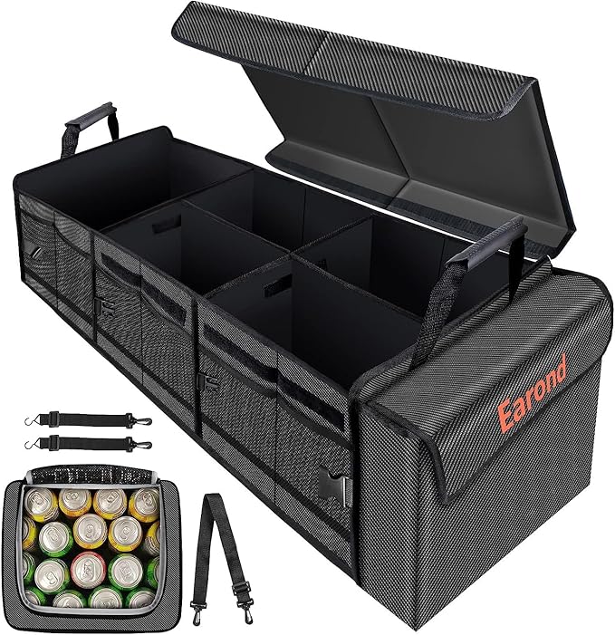 EAROND Large Trunk Organizer with Portable Leakproof Cooler Bag,Foldable Cover,Adjustable Securing Straps,Collapsible Trunk Organizer for Suv Car Truck Sedan (4-in-1 with Cooler)