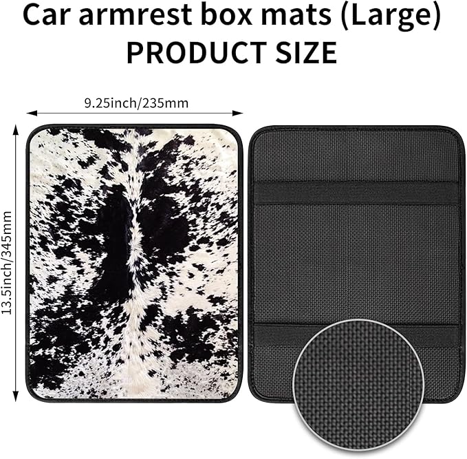 Car Center Console Cover, Universal Soft Large Neoprene Auto Armrest Seat Box Cover, Funny Car Decor Accessories Fit for Most Cars, Vehicles, SUVs Black White Cowhide