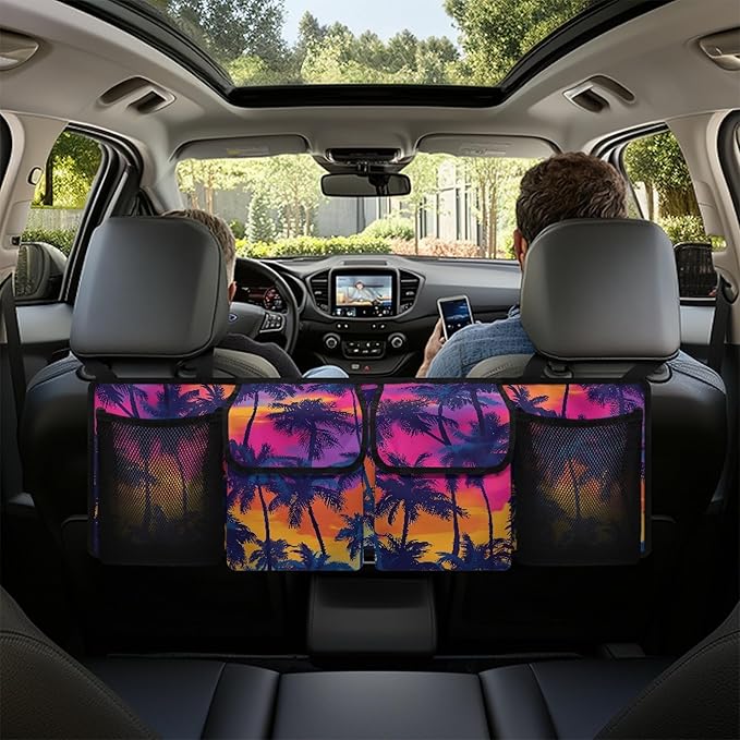 CLOHOMIN Coconut Tree Car Trunk Organizers and Storage Sunset Backseat Car Organizer with Net Hanging Car Storage Bag with 4 Pockets Car Accessories Gifts