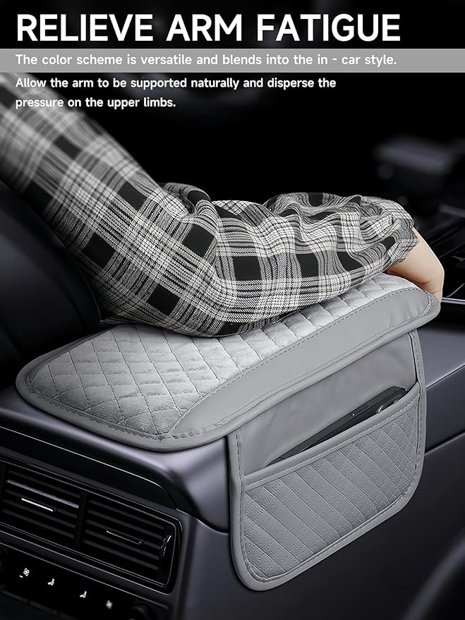 Cxtiy Universal Car Center Console Cover - Plush Leather Dog Scratch Proof Armrest Pad with 2 Side Storage Pockets, Soft Cushion for Car Interior Accessories (Black)