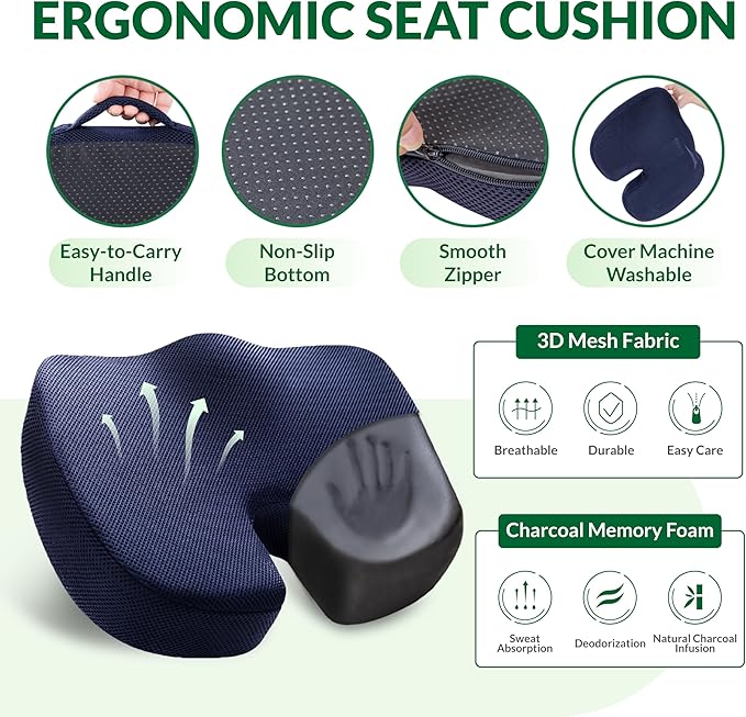 FuturaLoom Charcoal Memory Foam Seat Cushion & Adjustable Lumbar Pillow Set - Back Support for Pain Relief (Sciatica,Tailbone),Washable & Non-Slip,Multipurpose for Office,Car,Wheelchair - Navy Blue