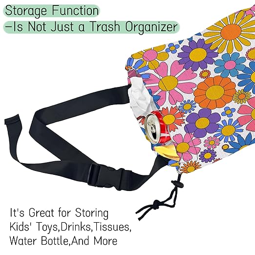 NHNXHWIA Groovy Flower Car Trash Bag,Retro Daisy Hanging Drawstring Car Garbage Bag,Waterproof Canvas Car Back Seat Organizer with Adjustable Buckle,for Vehicles,SUVs,Camping,Road Trips