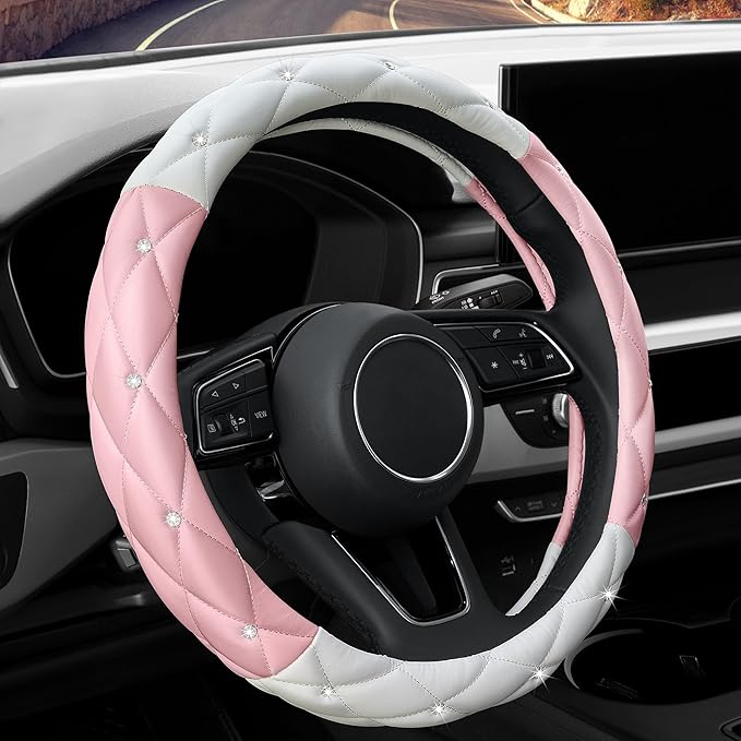 YOGURTCK Cute Diamond Soft Leather Steering Wheel Cover with Bling Bling Crystal Rhinestones, Universal 15 Inch for Women Girls, Fit Vehicles, Sedans, SUVs, Vans, Trucks - Light Pink and White