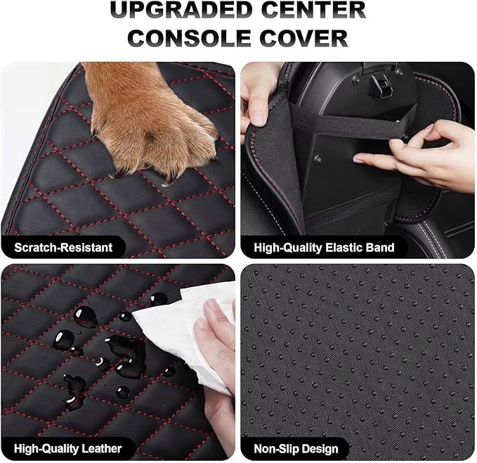 Upgraded Car Center Console Cover Fit for bZ4X Faux Leather Car Armrest Cover Cushion with 2 Storage Bags,Car Armrest Storage Box Interior Accessories(Black&Redline)