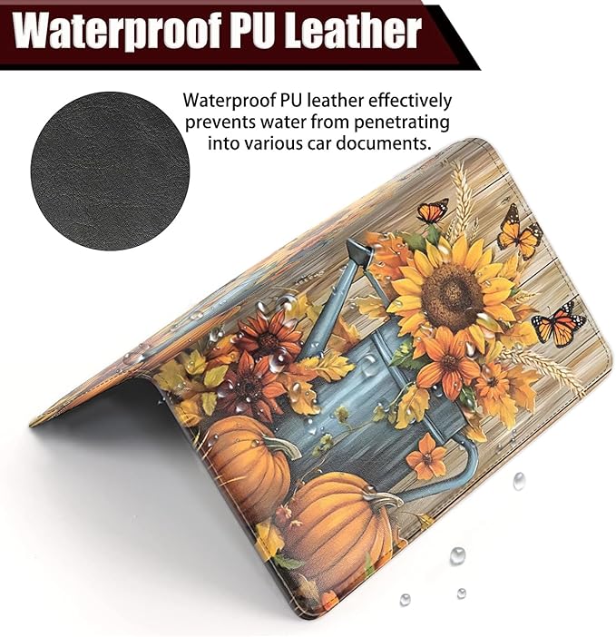 Car Registration Holder, PU Leather Vehicle Glove Box Organizer for Driver License, Document, Car Insurance Holder with Magnetic Shut, Auto Paperwork Wallet Accessories,Autumn Fall Pumpkin Sunflowers