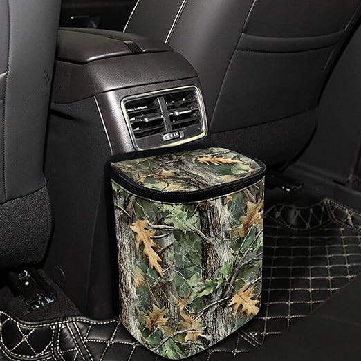 Camo Hunting Car Trash Can with Adjustable Straps Foldable Auto Garbage Can for Console Front Rear Seat Woodland Forest Tree Trash Bin for SUV Van Sedan Truck