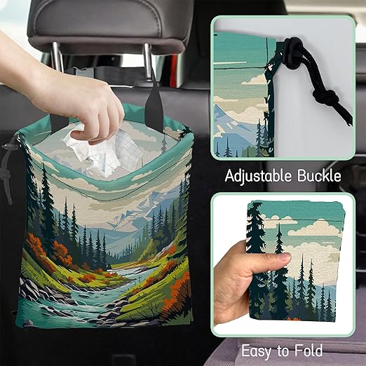 NHNXHWIA Mountain Landscape Car Garbage Bag,Forest River Waterproof Small Car Trash Bag Hanging Back of Seat,Drawstring Hanging Car Trash Bag with Adjustable Buckle for Car Accessories