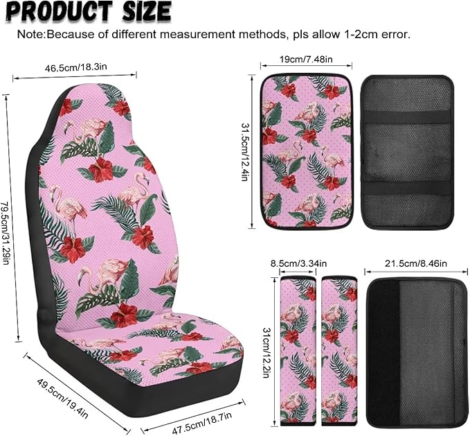 Qeluxign Car Seat Covers Full Set Flamingo Tropical Floral Universal Fit Auto Front Seat Covers and Seatbelt Pads Armrest Cushion Gifts for Women Protect Your Car Interior