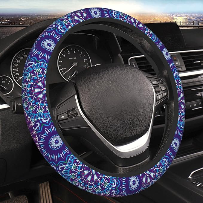 Boho Purple Flower Neoprene Steering Wheel Cover for Men Women Anti-Slip Elastic Steering Wheel Protective Cover 15in Universal Car Accessories Fit Cars, SUVs, Auto