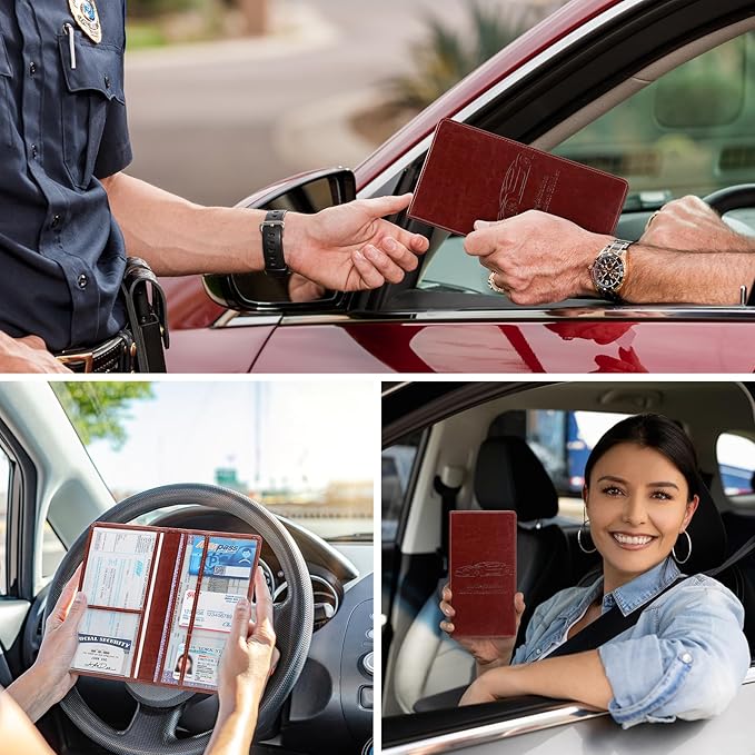 Peisicne Car Registration and Insurance Card Holder for Women Men, Dark Brown Glove Box Paperwork Organizer with Magnetic Buckle for Easy Access and Protect Documents and Various Cards in Vehicle