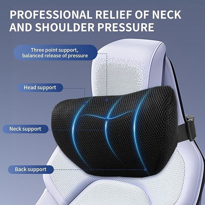 Dijialun Car Neck Pillow, Memory Foam Car Headrest Pillow for Driving with Adjustable Strap, Softness Breathable Removable Mesh Cover, Ergonomic Design for Office Chair, Driving, Black