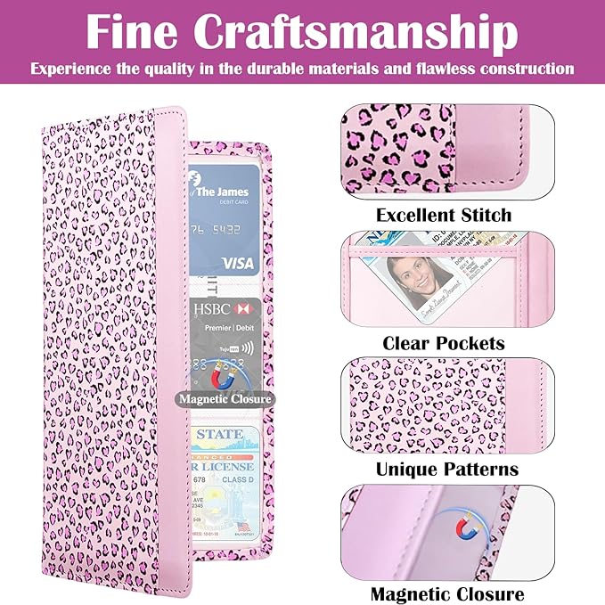 FinestHouse Car Registration and Insurance Holder with Magnetic Closure, Universal Document Organizer for License, Insurance Cards & Glove Box Storage (Leopard-Pink)