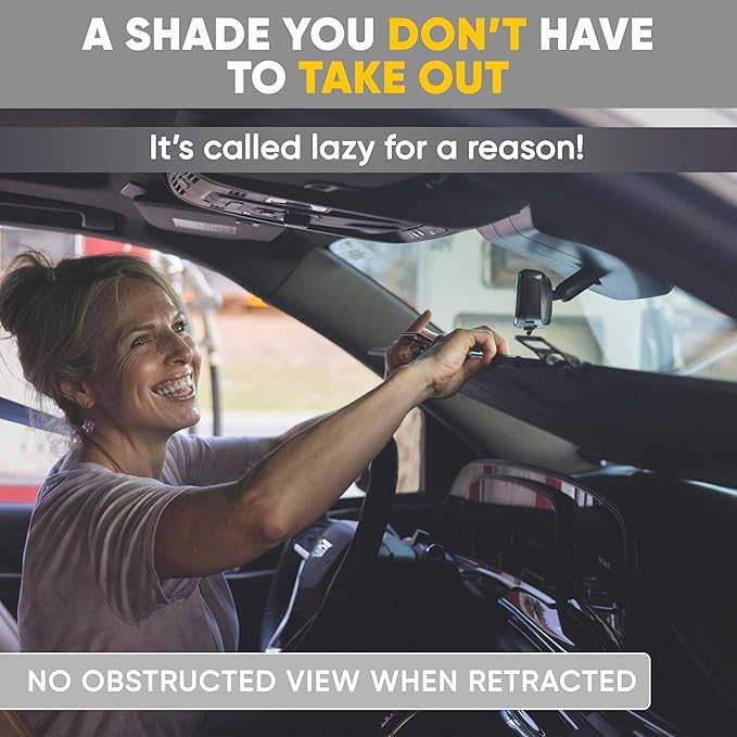 Lazy Shade Retractable Windshield Sun Shade, Small (Fits 55.25" - 57.25" Dash Width) – Semi-Permanent Front Window Visor Blocks UV & Heat, Airbag Safe Auto Sunshade