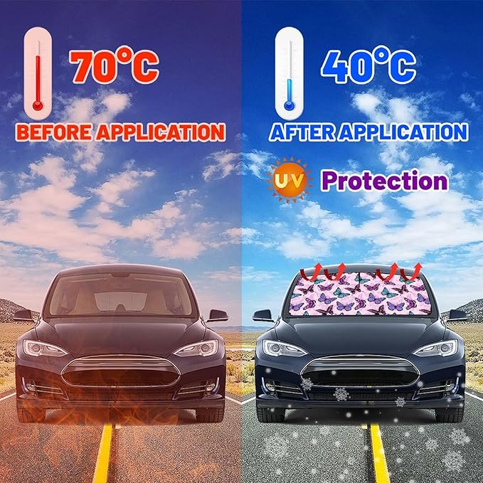 DOPINDU Butterfly Car Windshield Sun Shade Umbrella Bendable Handle Foldable Colorful Sunshade for Car Cute Front Window Shades Block UV Rays Protect Automotive Interior 57"x30"