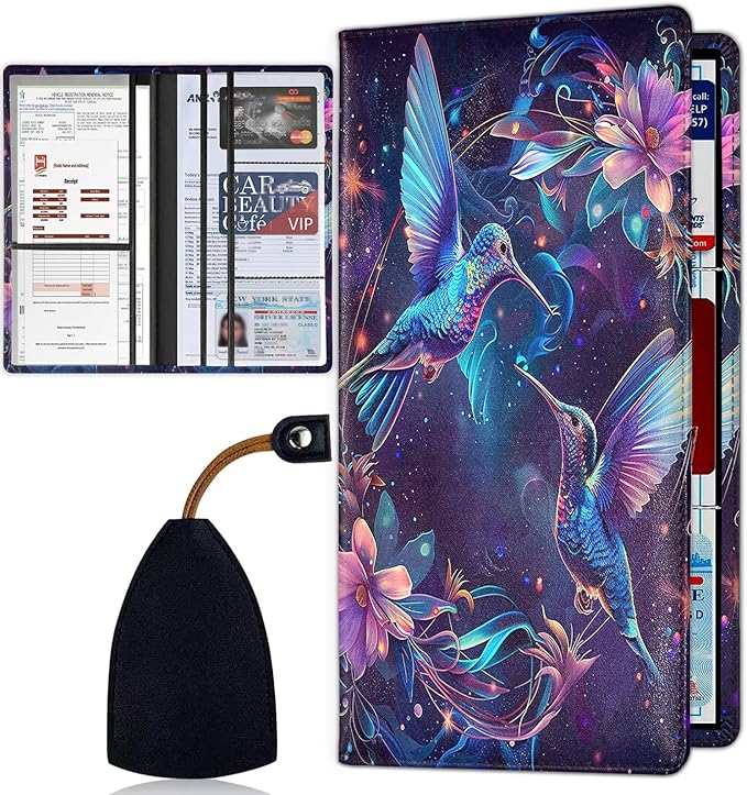 Car Registration Holder, Waterproof PU Leather Vehicle Card Document Glove Box Organizer, Women Interior Auto Accessories Case for Cards, Driver License Car Insurance Holder, Hummingbird and Rose