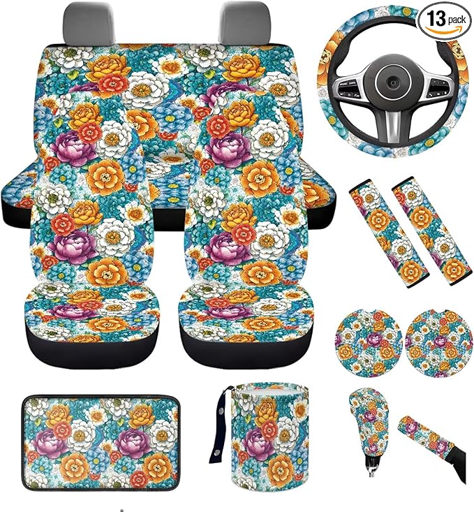Dngkaoje Blossom Lotus Car Seat Covers Full Set 13 Pcs Universal Car Interior Accessories Hippie Flower Steering Wheel Covers Armrest Pads Handbrake Gear Cover,Fit for Most Truck SUV