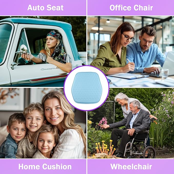 Thin Gel Seat Cushion for Car Seat, Office Chair, Wheelchair, Golf Cart - Non-Slip Car Seat Cushions with 0.7 Inch Gel - Sciatica & Coccyx Pain Relief (Leather, Blue)
