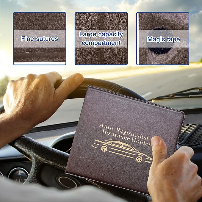 Ziciner Car Registration Insurance Holder, 2Pack Essential Auto Card Document Glove Box Organizer with Touch Fastener, Vehicle Interior Accessories Perfect for Most Car, Truck, SUV (Brown/Gold Words)