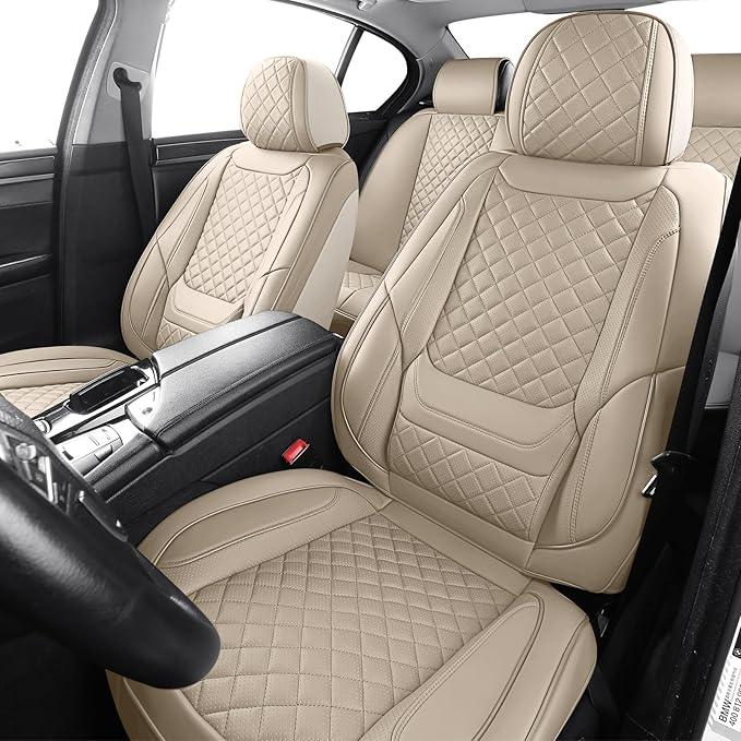 SCOMEE Beige Leather Car Seat Covers Full Set Breathable Seat Protectors Waterproof Automotive Seat Covers Universal Fit for Most Cars SUVs Trucks Vehicles