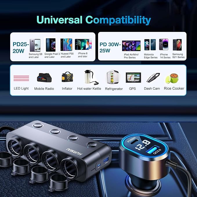 8 in 1 Cigarette Lighter Splitter,264W 4 Socket Car Cigarette Lighter Adapter,Type-C QC3.0 PD 30W Charging,Heavy Duty Truck Car USB Chager Multi Plug Outlet 12V/24V Independent Switches,LED Voltmeter