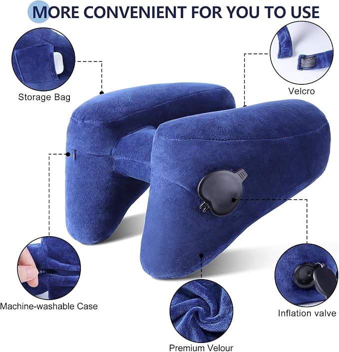 Sunany Neck Pillow for Travel Inflatable Airplane Pillow Comfortably Supports Head, Neck and Chin, Inflatable Travel Pillow with Soft Velour Cover and Portable Drawstring Bag (Blue)