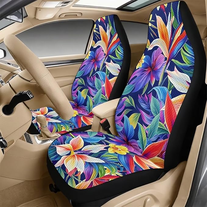FUSURIRE 5 Pieces Colorful Hibiscus Flowers Car Accessories Set PU Front Seat Covers, Seat Belt Covers & Center Armrest Pad,Universal for Car,SUVs,Van,Small Trucks