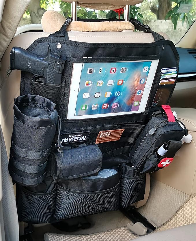 Upgrade Tactical MOLLE Car Back Seat Organizer With 14 Multi-Pockets and 4 Detachable Pouches: Trucker hat, Trauma Medical & Water Bottle Pouch, EDC Pouch, Vehicle Protector Organizer