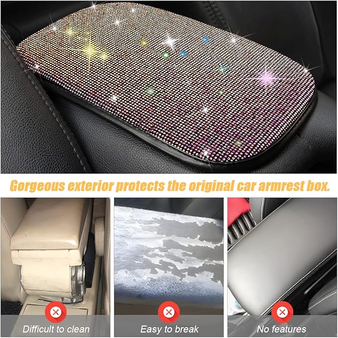 Bling Center Console Cover, Diamond Fashion ArmRest Pad, Crystal Soft Arm Rest Protective Cushion, Car Accessories for Women Girls, 11.8"×8.5" for Most of Vehicles, SUVs, Trucks (Black&MultiColour)