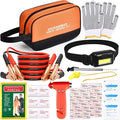COOGEO Roadside Emergency Car Kit with Jumper Cables, Car Accessories for Men, Assistance Safety Kit Includes Safety Hammer, Headlamp, Gloves, First Aid Kit for Women, Men, Teenagers, Orange