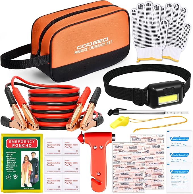 COOGEO Roadside Emergency Car Kit with Jumper Cables, Car Accessories for Men, Assistance Safety Kit Includes Safety Hammer, Headlamp, Gloves, First Aid Kit for Women, Men, Teenagers, Orange