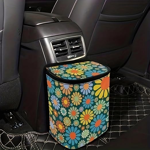 Vehicle Trash Can & Organizer – Leak-Resistant 5L Portable Garbage Bin with Lid & Pockets for SUV, Truck & Car | Collapsible & Washable (Vibrant Flowers)