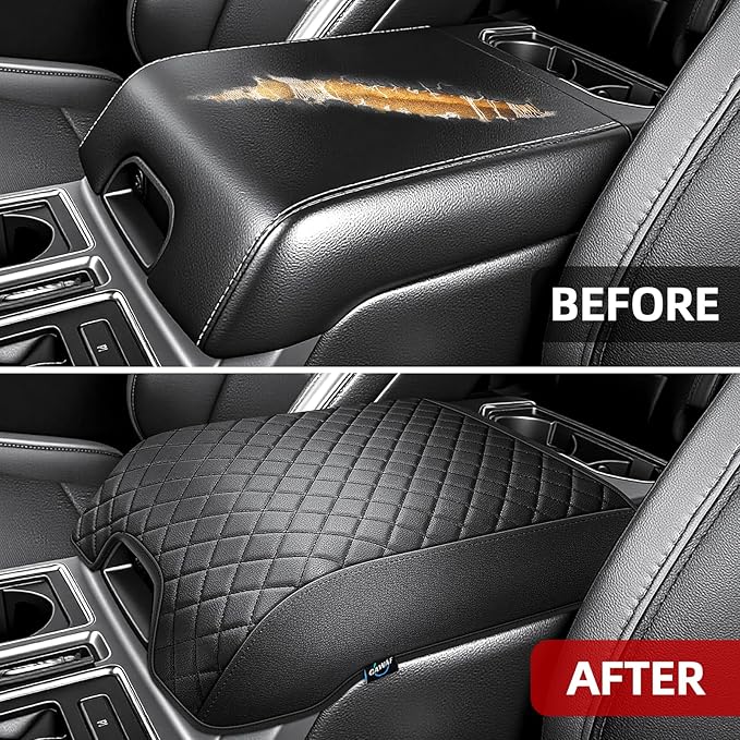 Center Console Cover Compatible with 2015-2020 Ford F150, 2017-2022 F250 F350 F450, 2018-2024 Expedition, Leather Armrest Cover Center Console Cushion with Hidden Pocket (Bucket Seat Only)