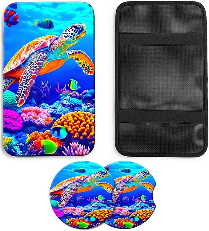 JANENFNA Car Armrest Cover Pads Universal Fashion Cute Auto Center Console Armrest Cover Pad with 2PCS Car Coasters Soft Waterproof Car Armrest Seat Protector for Women,Colorful Turtles in Sea