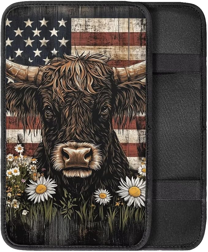 Highland Cow Arm Rest Cover Car Center Console Cover Easy to Install Car Decor Accessories Auto Armrest Console Cover for Most Vehicle, SUV, Truck, Cars