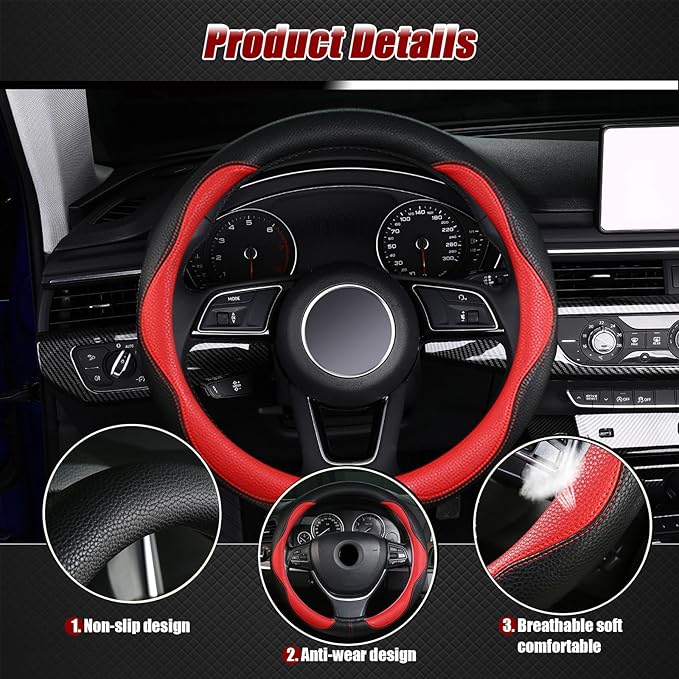 Steering Wheel Cover, Anti Slip Breathable Comfort PU Imitation Leather Cute Car Accessories for Women Girl, Universal Protector in All Season 15 inch Fit Most Car(Red)