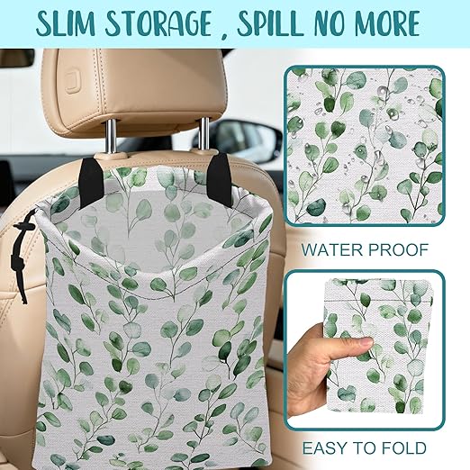 KXWQTRDD Car Garbage Bag Watercolor Green Leaves Hanging Canvas Car Trash Bag Drawstring Car Back Seat Organizer for Car Back Front Seat Console with Adjustable Buckle