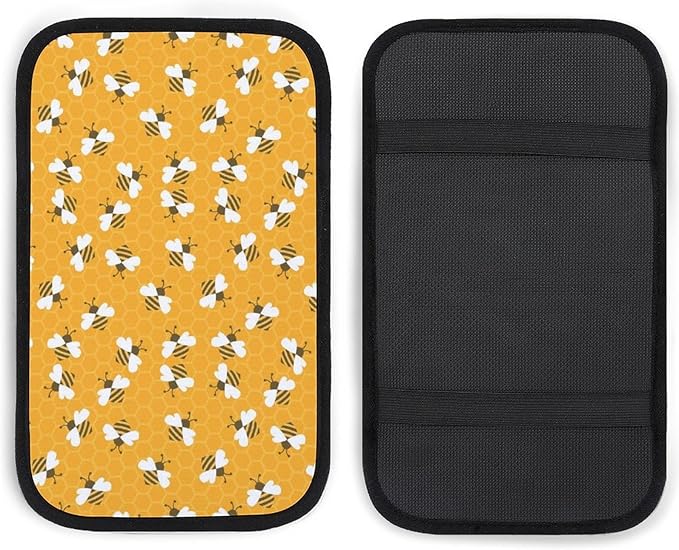 Bee with Honey Car Center Console Cushion Pad,Waterproof Armrest Seat Box Cover Protector,Comfortable Car Decor Accessories Fit for Most Cars, Vehicles, SUVs