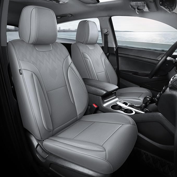 FEINEPRO Grey Car Seat Covers Full Set - Breathable Faux Leather Universal 5 Seat Covers for Cars, Automotive Protector Fit for Most Sedan SUV Pick-up Truck