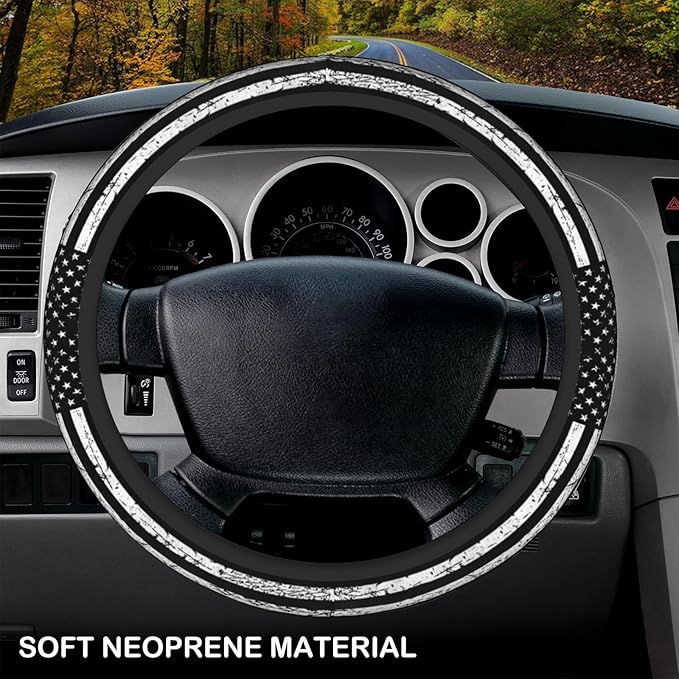 Black White American Flag Elastic Steering Wheel Cover, Non-Slip Breathable Neoprene Steering Wheel Covers, Men Car Accessories, Universal 15 Inch Fit Auto, Suvs, Truck