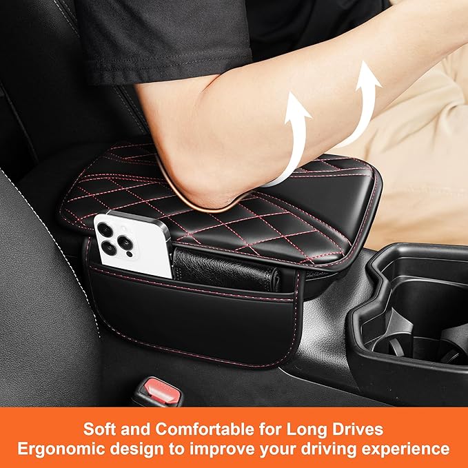 Center Console Cover Fit for Lacrosse: Scratch and Wear Resistant Console Cover Leather with 2 Storage Bags -Upgraded Armrest Coverfor Car,Anti-Scratch Auto Armrest Pad Accessory （Black&Red