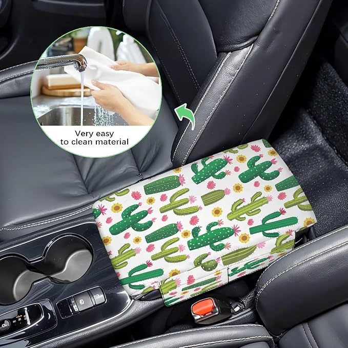 Dreaweet Cactus Print Center Console Armrest Cover with Side Pockets Thick Armrest Cover for Car Truck SUV Van,Soft Non-Slip Car Arm Rest Cover Pad