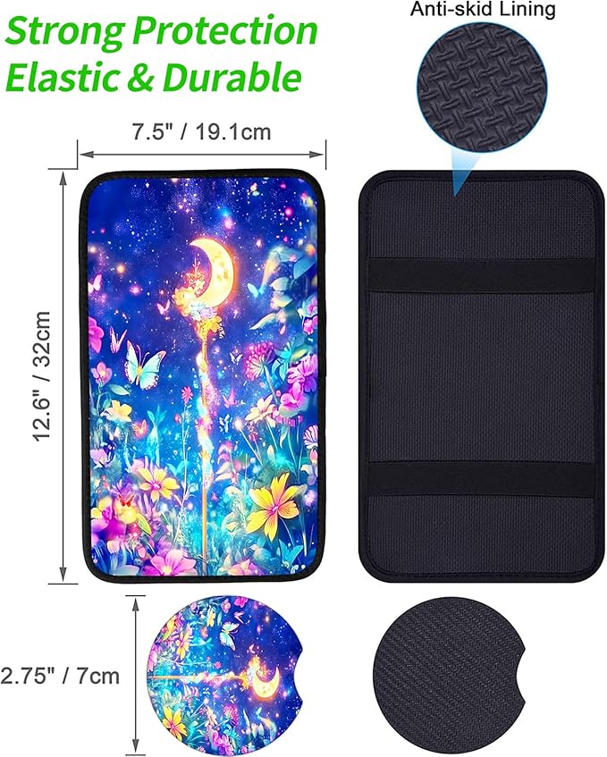 JANENFNA Car Armrest Cover Pads Universal Fashion Cute Auto Center Console Armrest Cover Pad with 2PCS Car Coasters Soft Waterproof Car Armrest Seat Protector for Women,Moon Magic Wand Flower