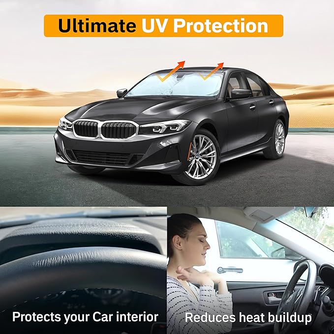 Foldable Windshield Sun Shade for Car – 280T Reflective UV and Heat Shield with Storage Bag | Keeps Interior Cool | Universal Fit for Sedans, SUVs, and Trucks – Standard (64" x 32")