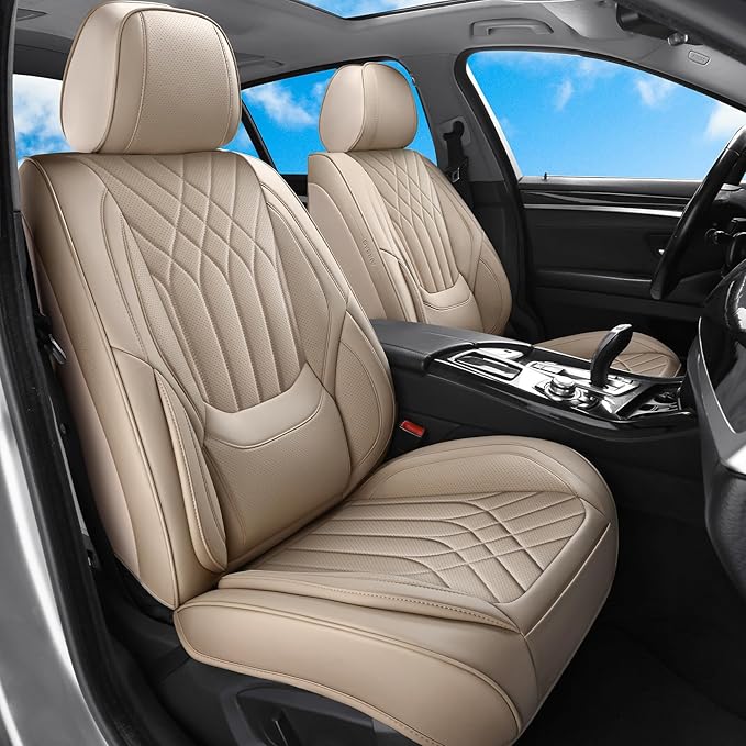 GEZHOUBA Car Seat Covers Full Set, Nappa Leather Seat Covers for Cars, Beige Car Seat Protector Waterproof, Car Seat Covers Front Seats and Back Fit for Most Cars SUVs Trucks