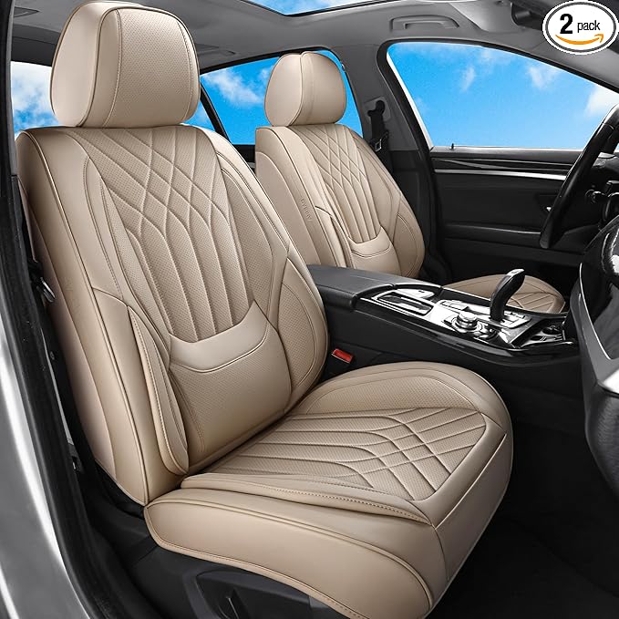 GEZHOUBA Car Seat Covers Front Seats Beige, Luxury Leather Automotive Seat Covers with Lumbar Support, Waterproof Car Seat Protector Universal Fit for Most Cars Trucks Pick-ups SUVs