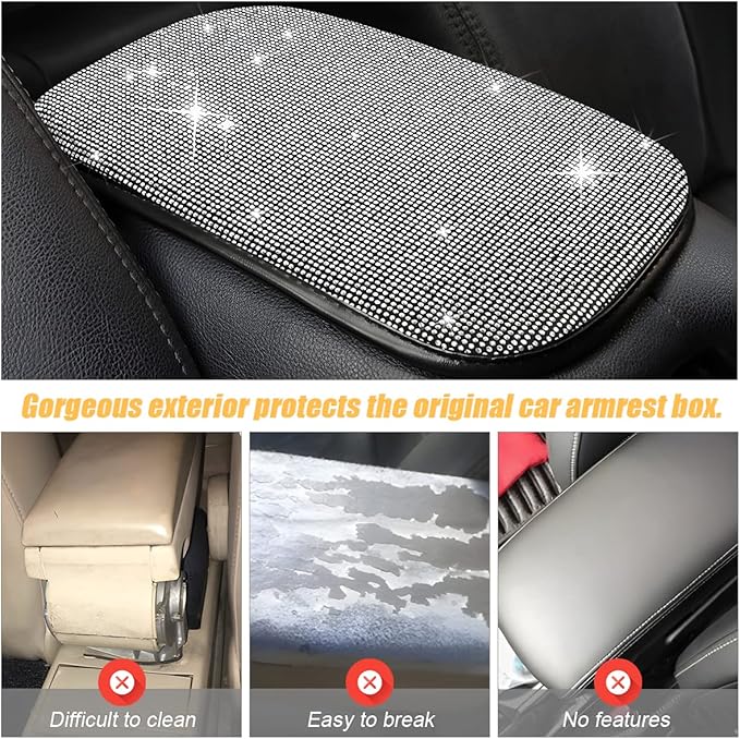Bling Center Console Cover, Diamond Fashion ArmRest Pad, Crystal Soft Arm Rest Protective Cushion, Car Accessories for Women Girls, 11.8"×8.5" for Most of Vehicles, SUVs, Trucks (Black&White)